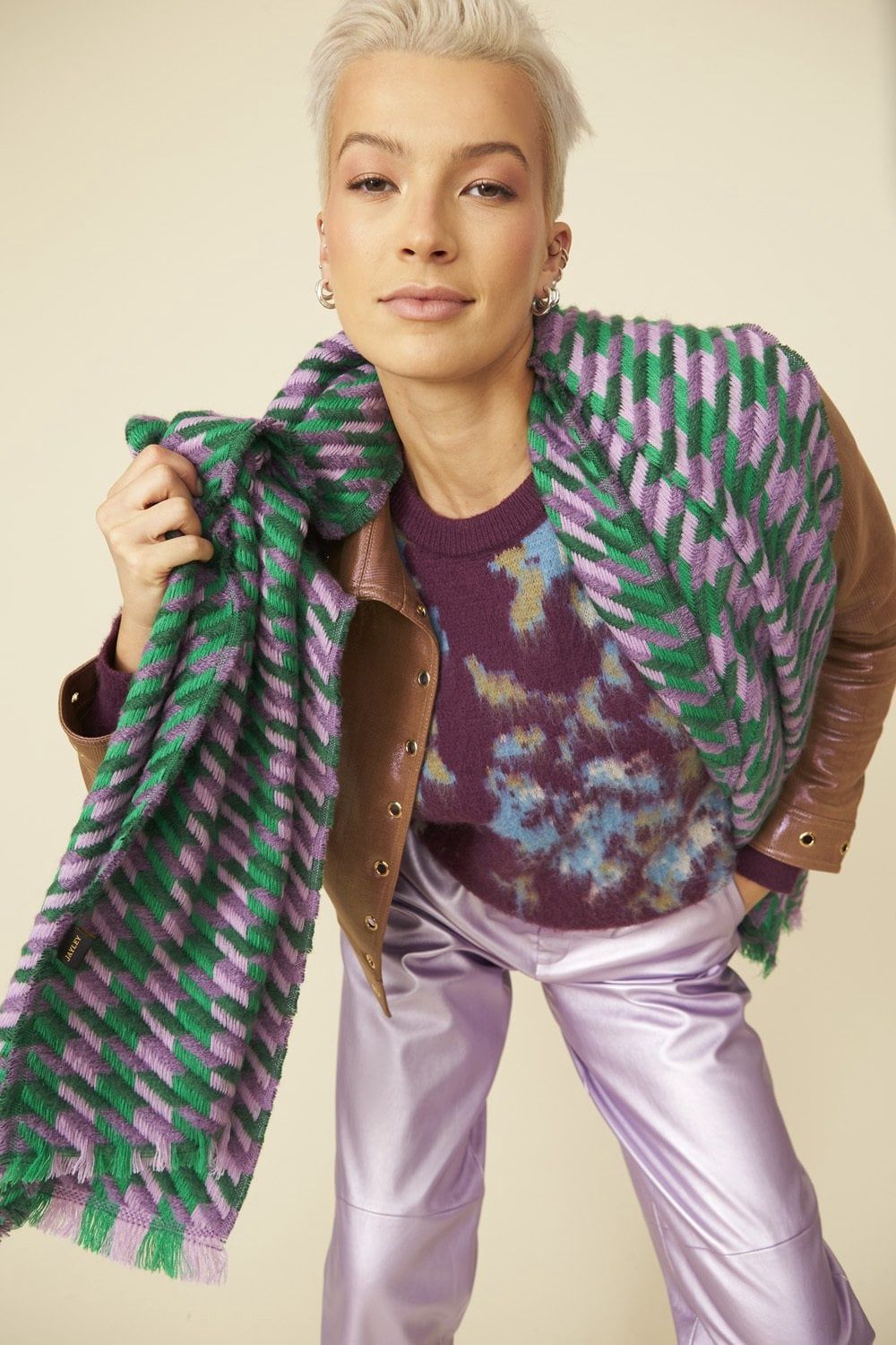 Green and purple cashmere blend scarf
