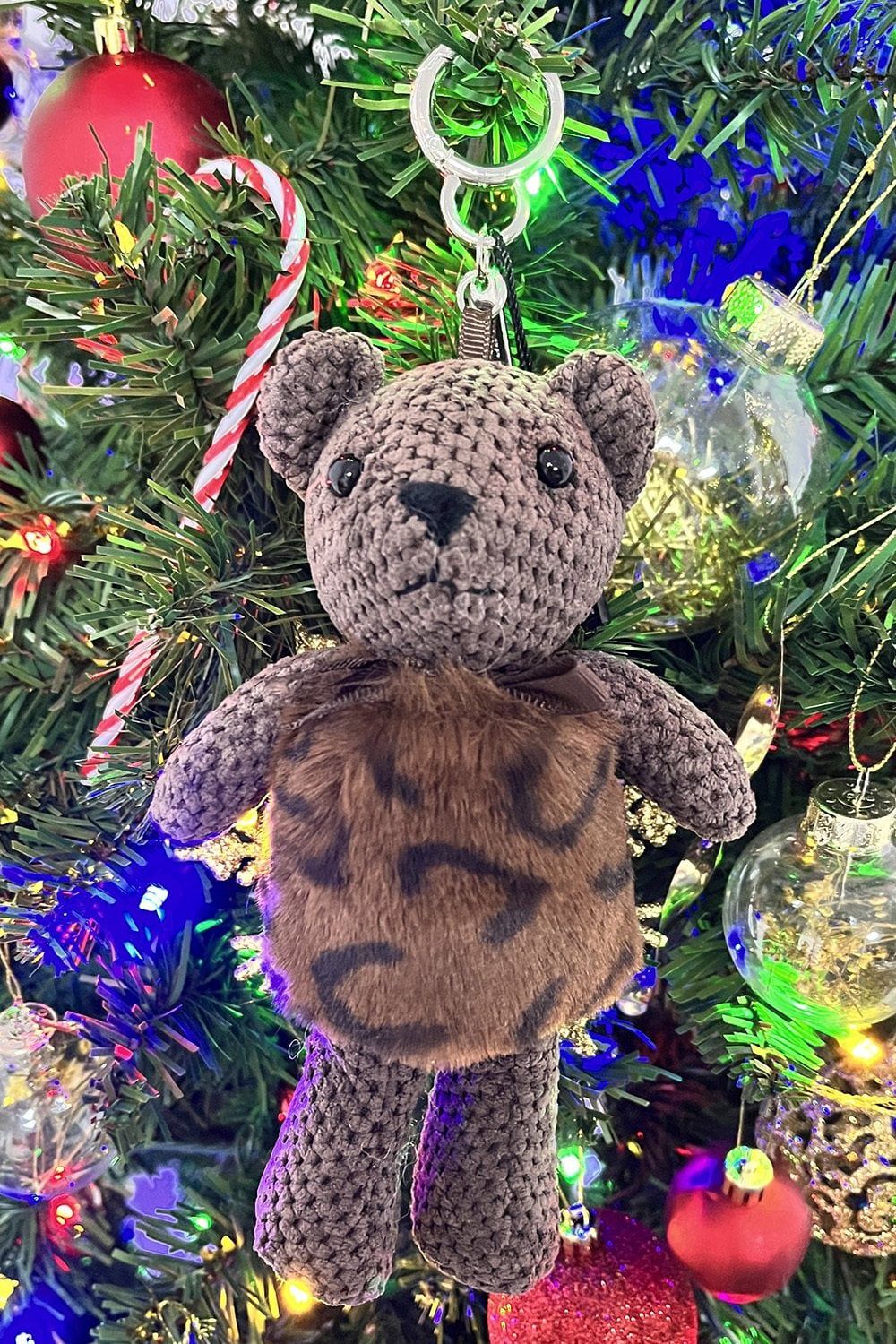 Brown leopard print faux fur teddy bag charm