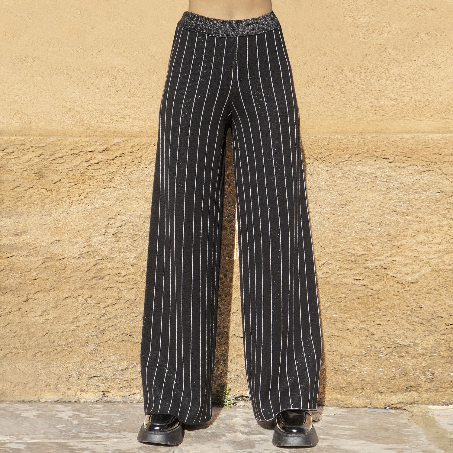 Black pinstripe knitted wide leg trousers