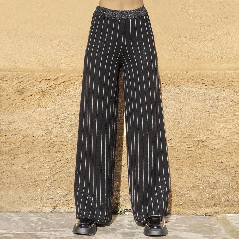Black pinstripe knitted wide leg trousers