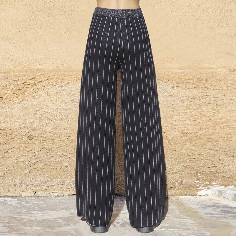 Black pinstripe knitted wide leg trousers