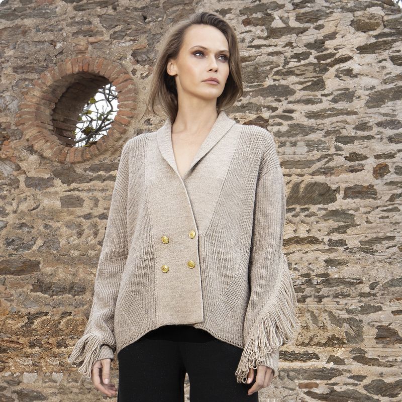 Beige knitted fringed cardigan