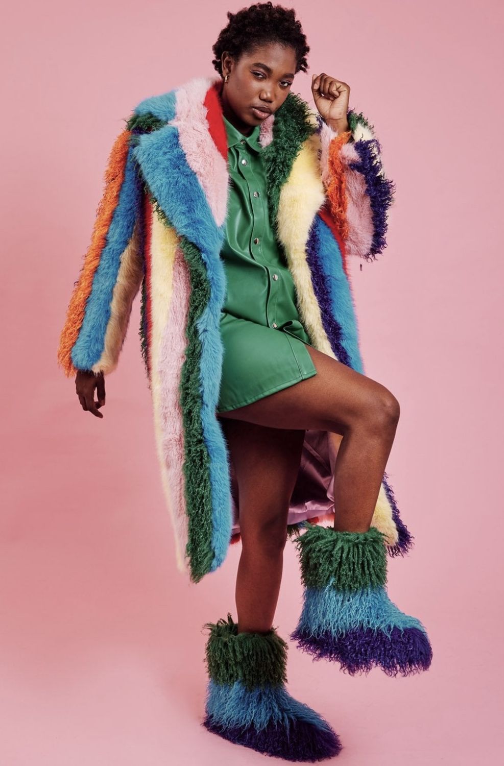 Knitted faux fur rainbow coat