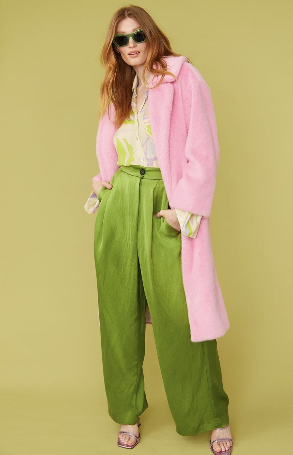 Pale pink faux fur midi coat