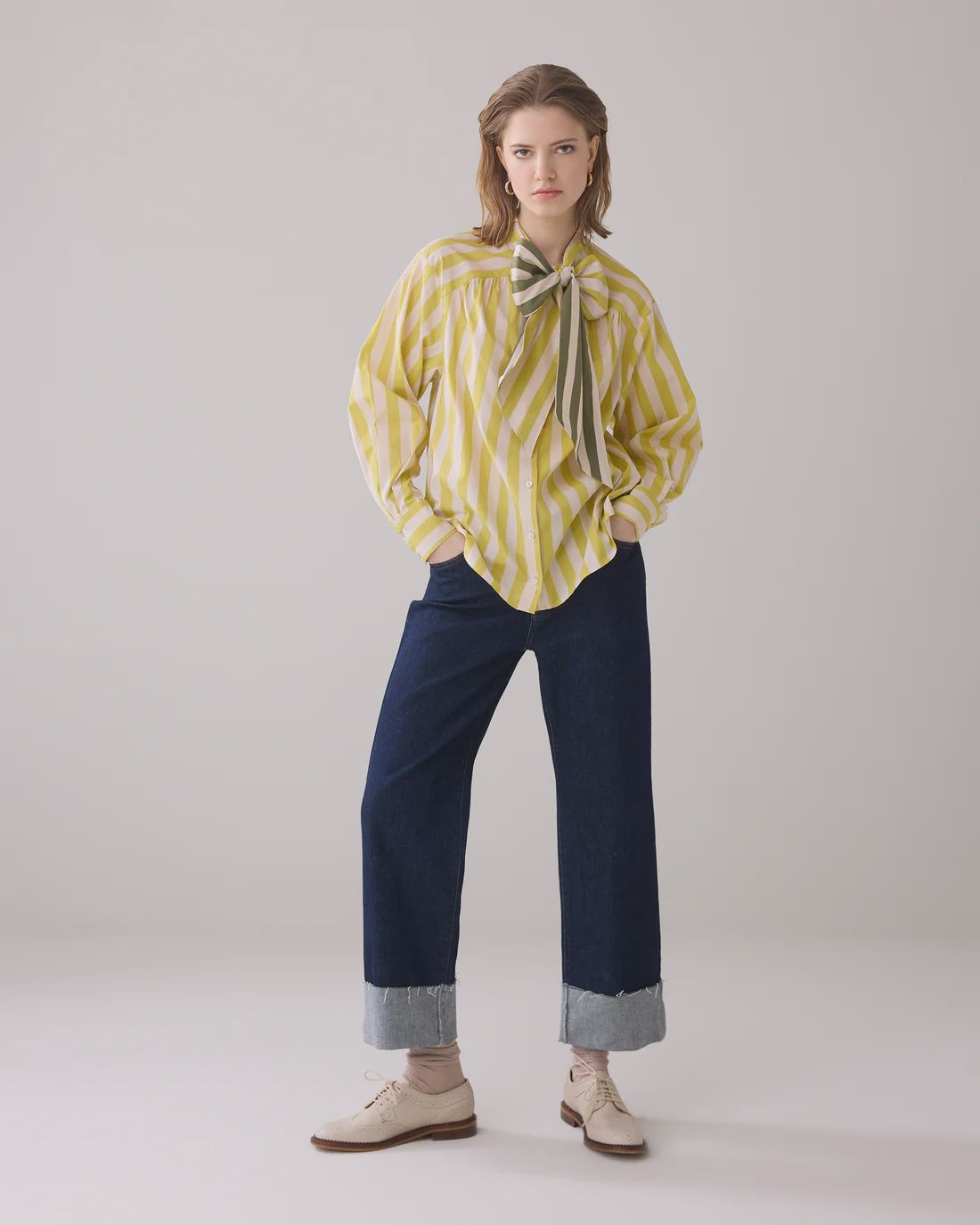 Yellow stripe pussy bow blouse