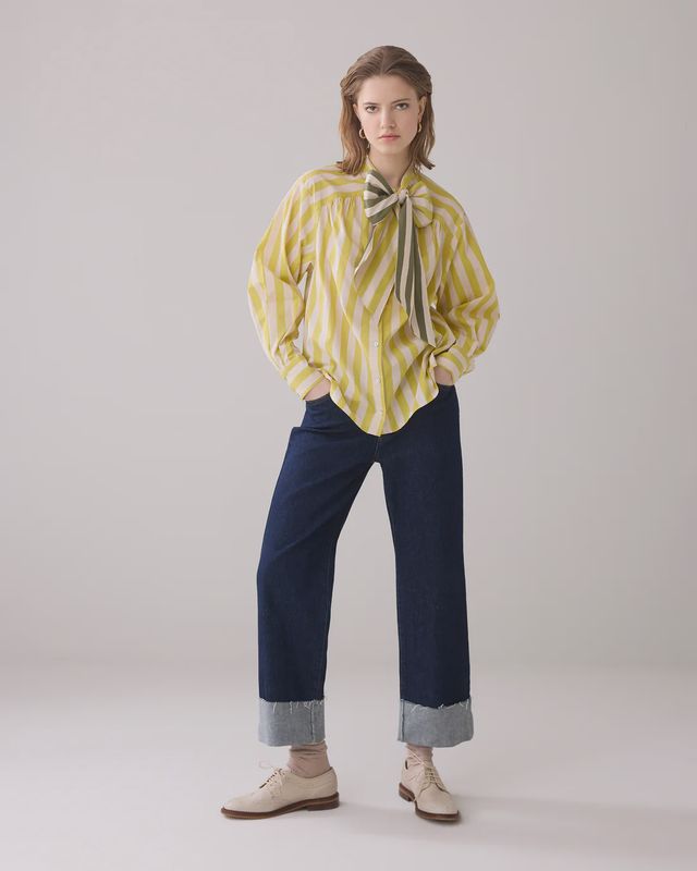 Yellow stripe pussy bow blouse