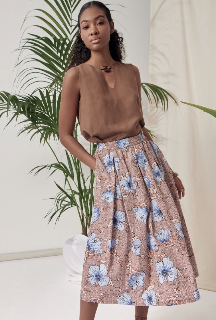 Brown and blue floral patterned skirt