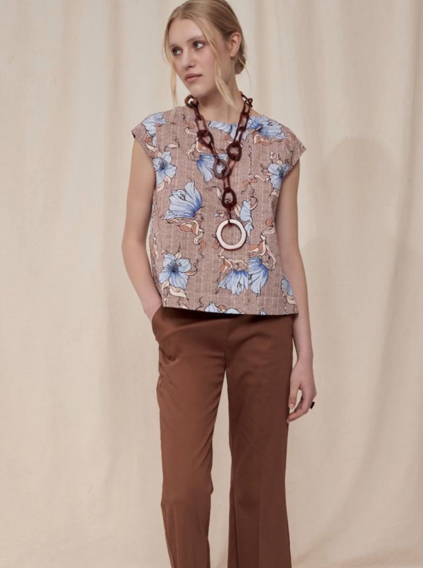 Brown and blue floral patterned top