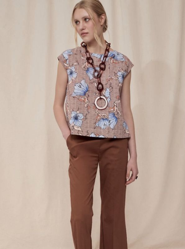 Brown and blue floral patterned top