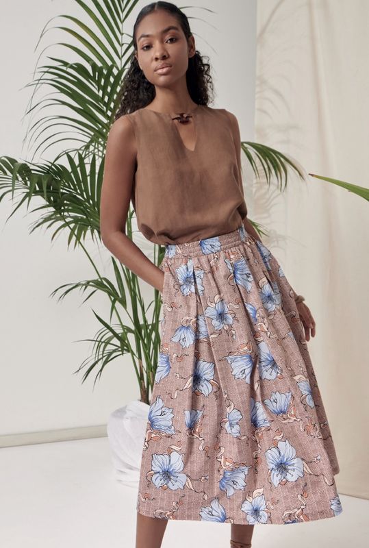 Brown and blue floral patterned skirt