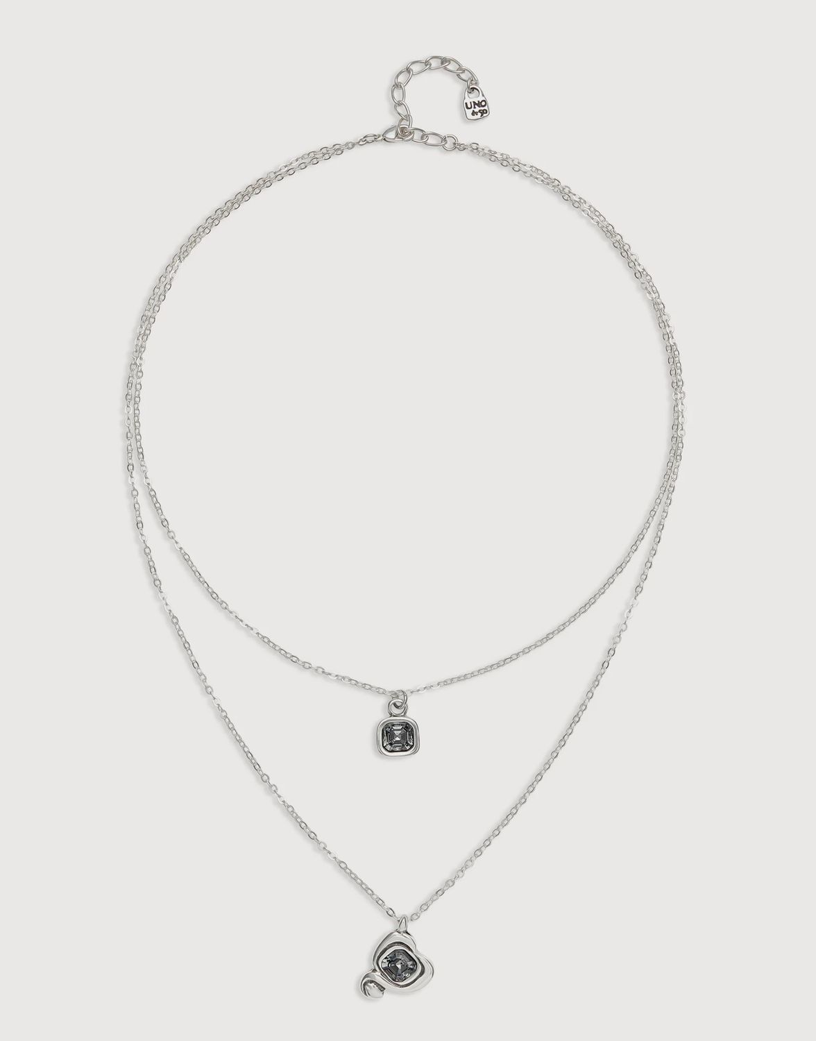 Silver double chain necklace with heart pendant and black crystal