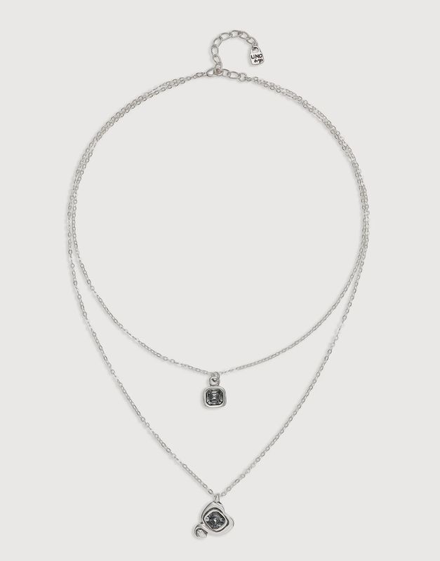 Silver double chain necklace with heart pendant and black crystal