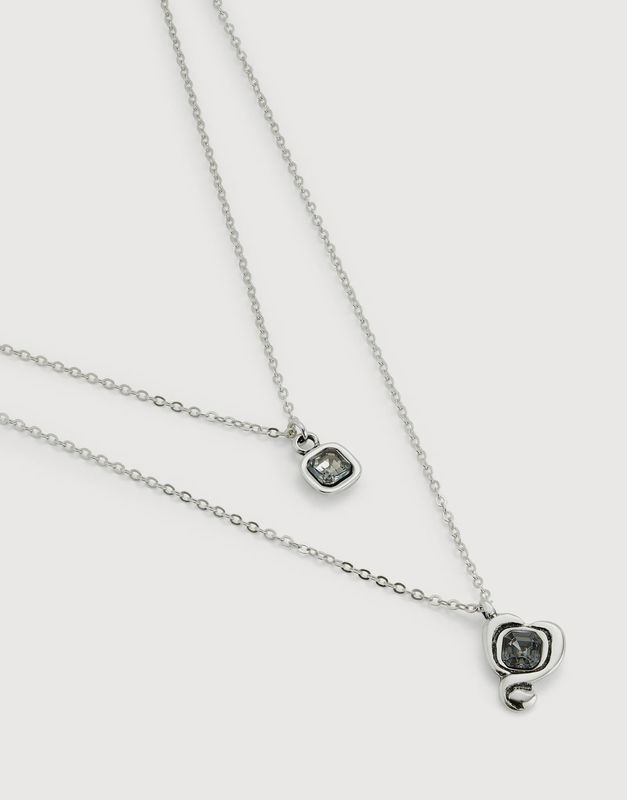 Silver double chain necklace with heart pendant and black crystal