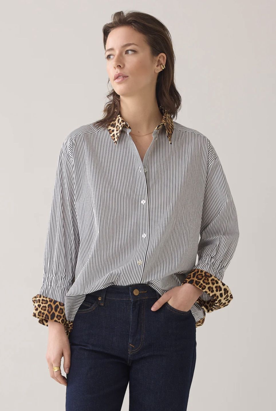 Striped blouse with animal print cuff detail