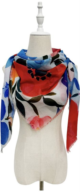 Blue Painted floral print square scarf