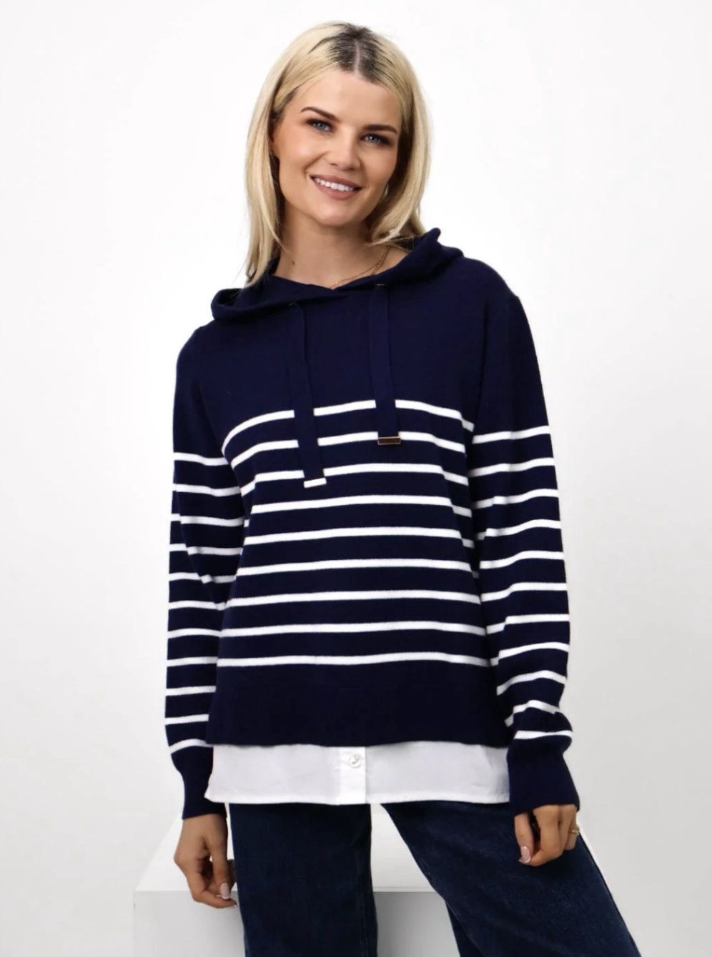 Sam stripe jumper with hood navy/ white