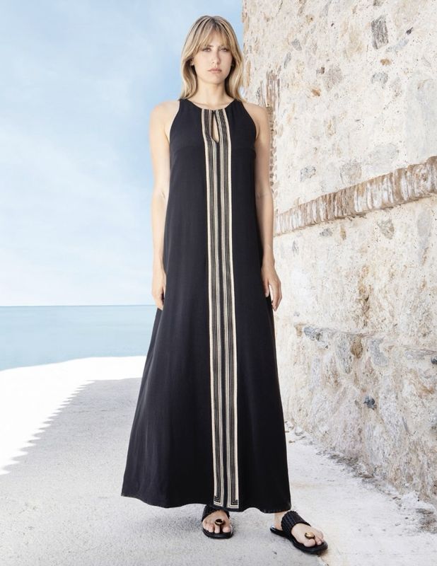 Black crepe maxi dress with gold detail