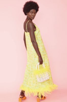 Yellow faux Pearl bag with feather trim