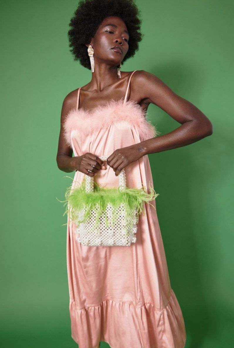 Green faux Pearl bag with feather trim