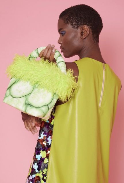 Green Cucumber  love bag with faux fur trim