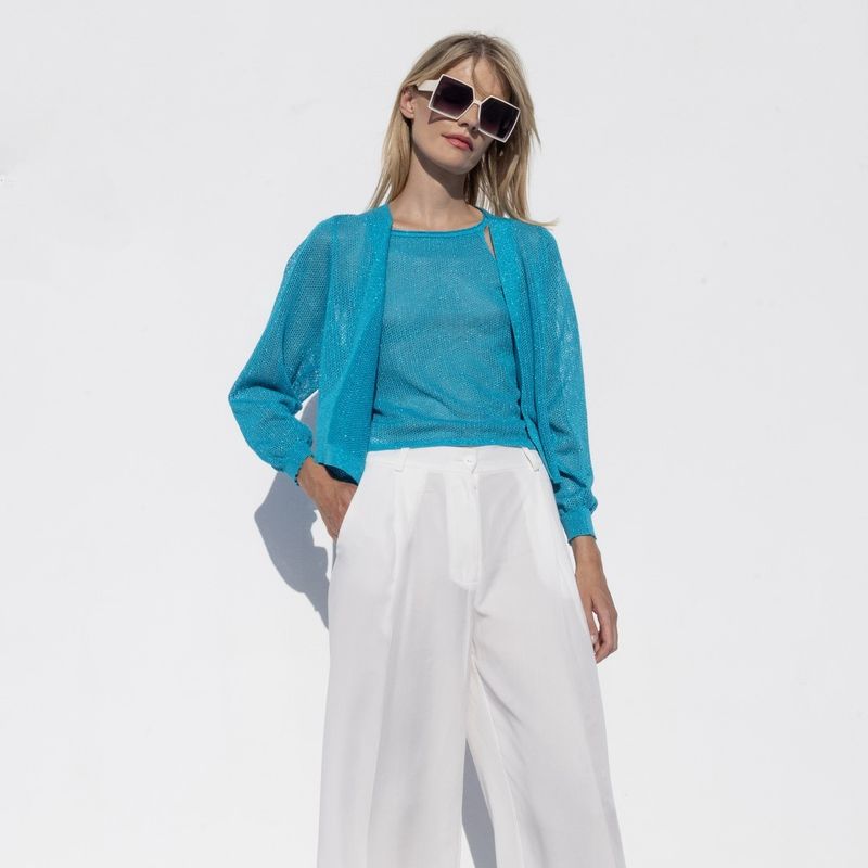 Turquoise Lurex edge to edge cardigan