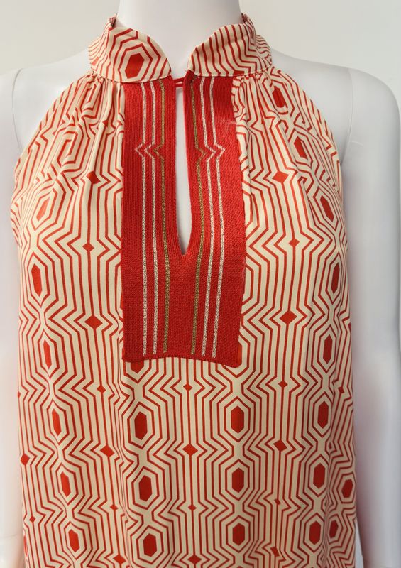 Coral and beige geometric pattern maxi dress