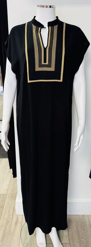 Black crepe midi dress with gold detail