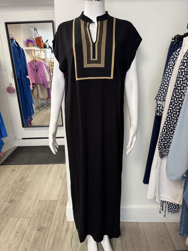 Black crepe midi dress with gold detail