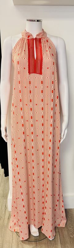 Coral and beige geometric pattern maxi dress