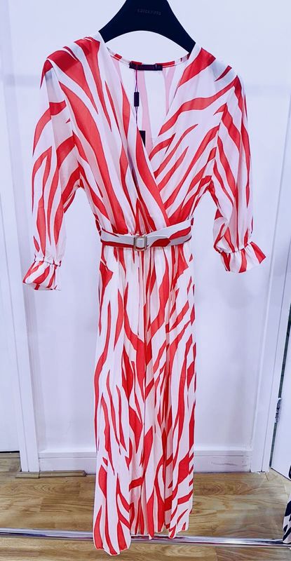 Postiano midi dress in coral and snow white