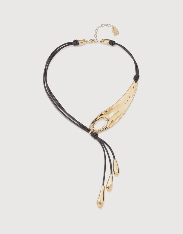 18K gold-plated long leather whip necklace with 2 tubules and 4 fringes with drops