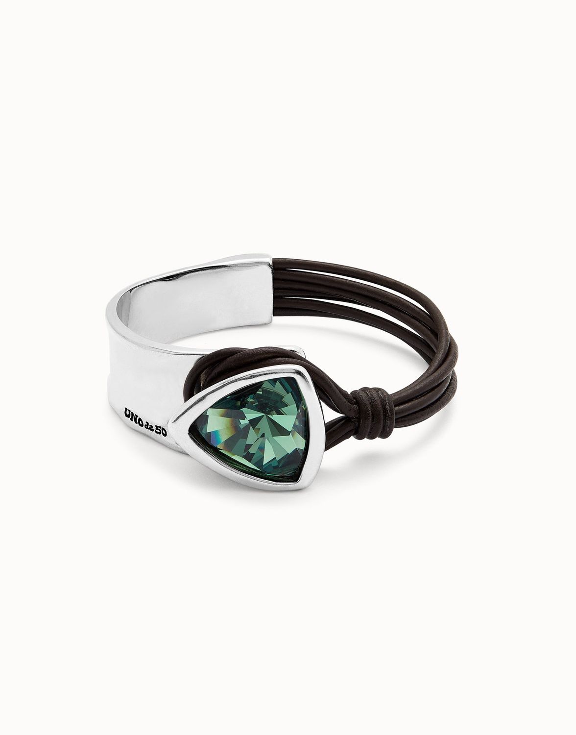 Silver bangle bracelet with leather and green crystal