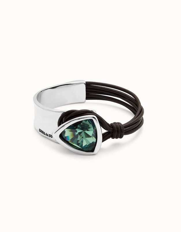 Silver bangle bracelet with leather and green crystal