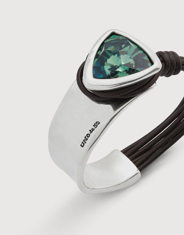 Silver bangle bracelet with leather and green crystal
