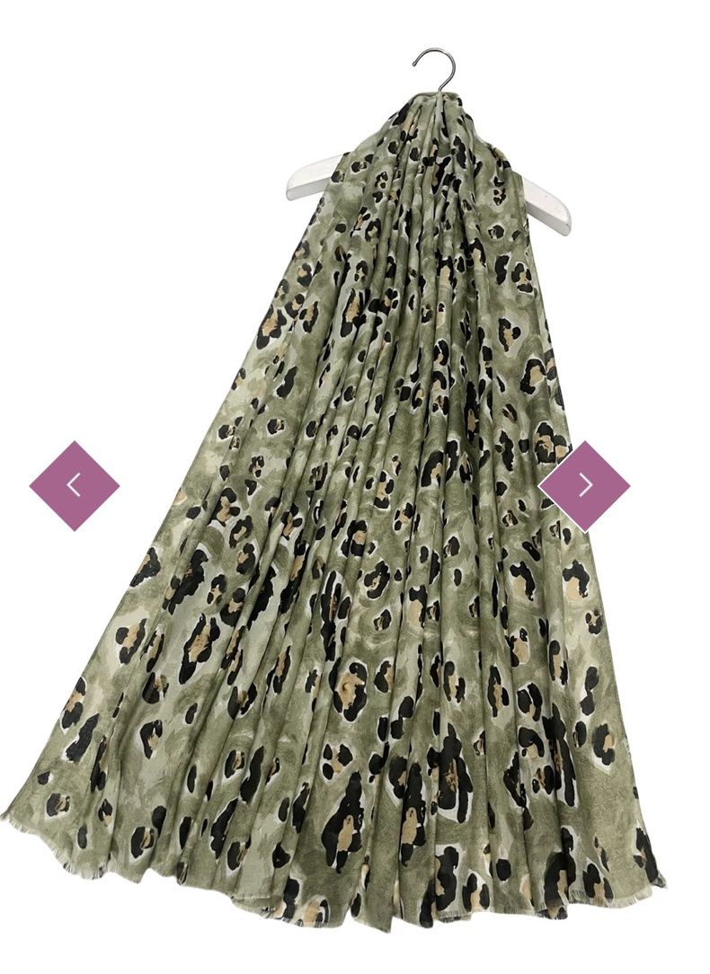 Watercolour leopard print scarf army green