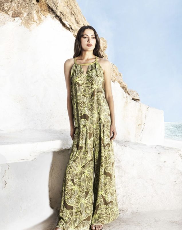 Abstract brown and lime green  floral wide leg trousers