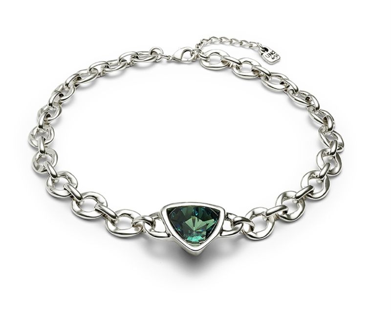 Chunky silver necklace with green crystal