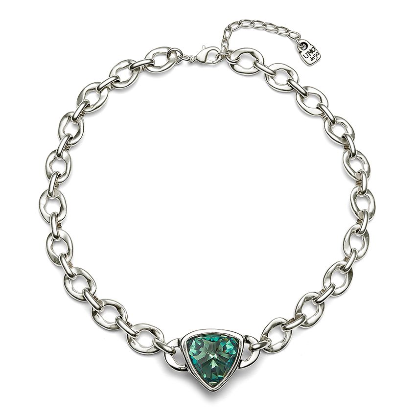 Chunky silver necklace with green crystal