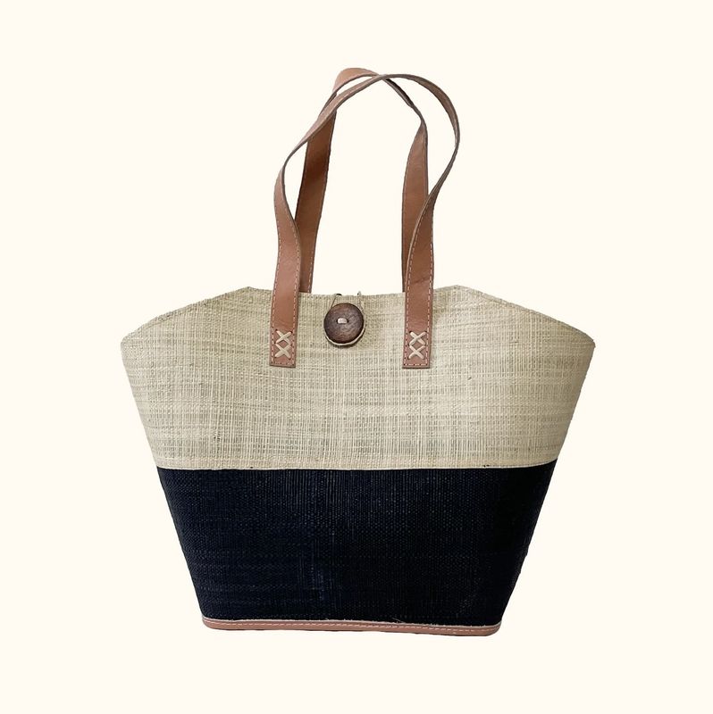 Raffia button bag natural black