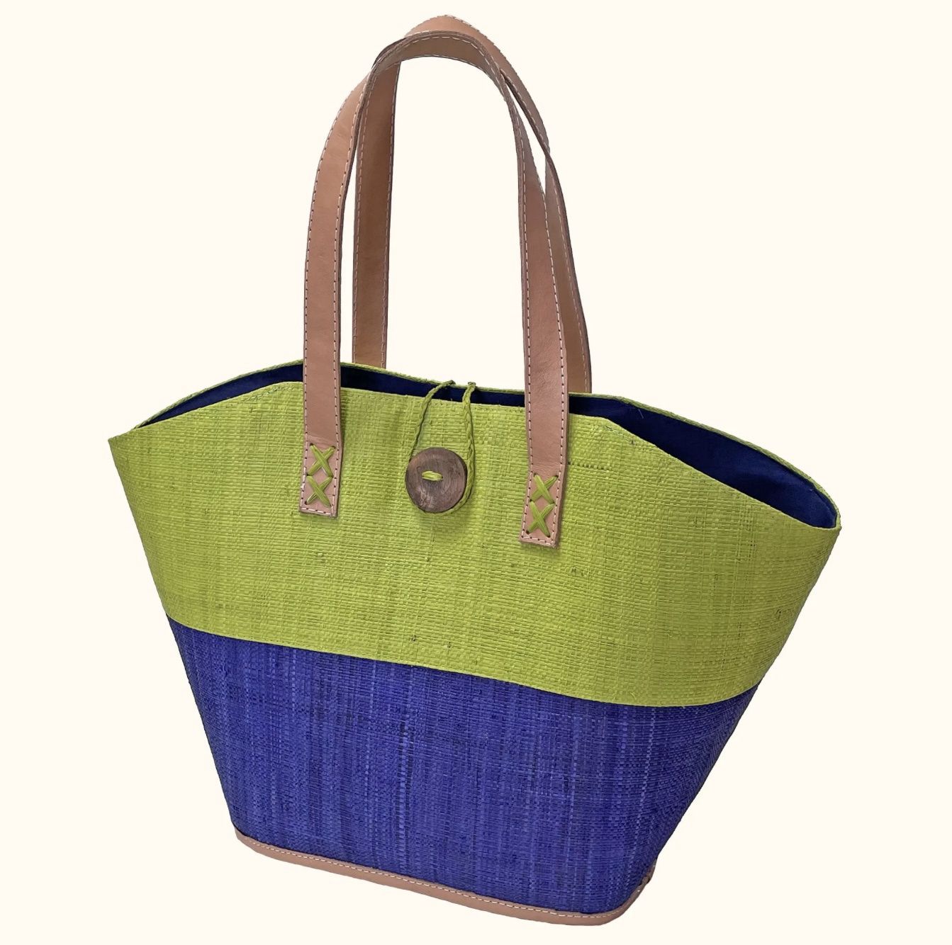 Raffia button bag lime navy