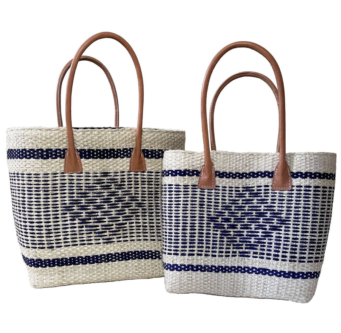 Cream and navy diamond sisal tote bag large