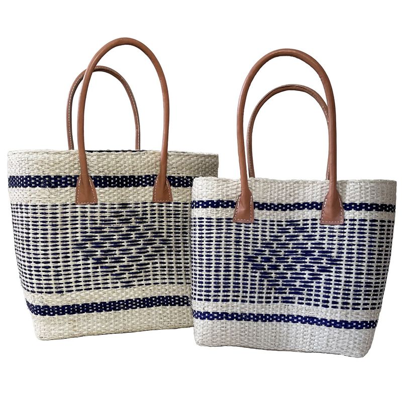 Cream and navy diamond sisal tote bag large