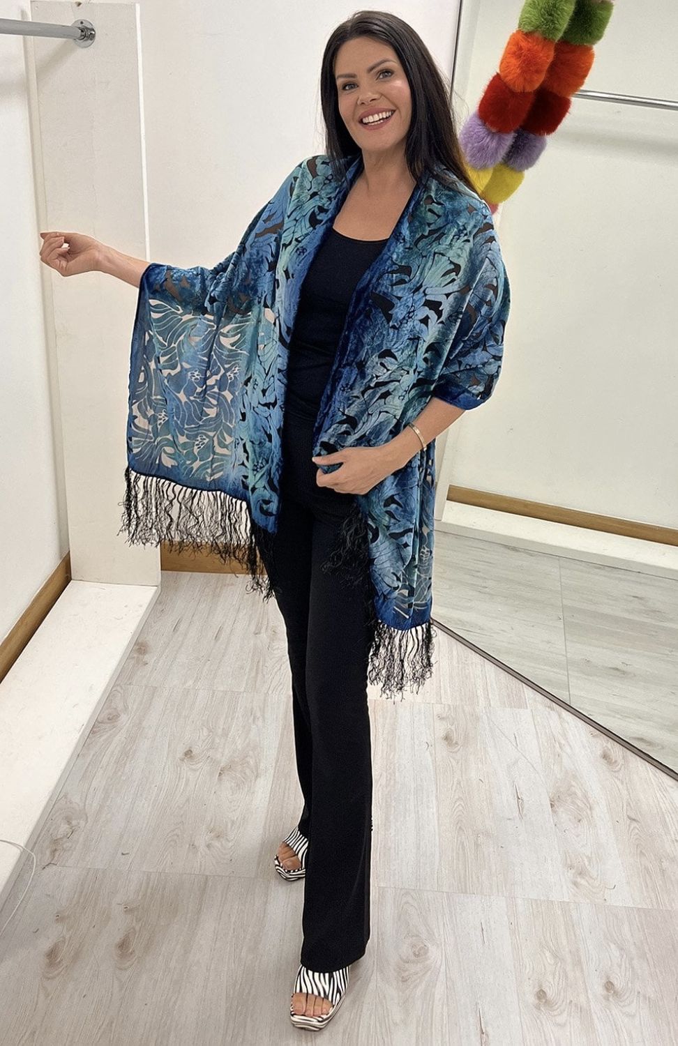 Teal blue silk Devore scarf