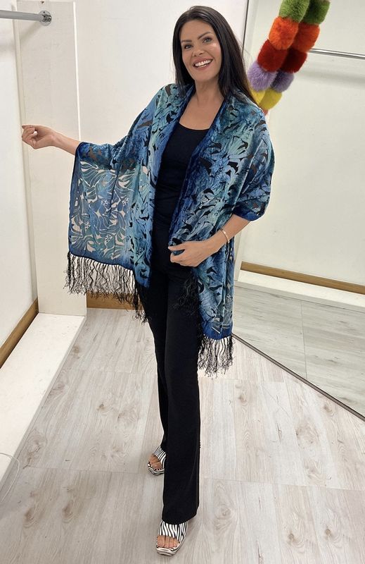 Teal blue silk Devore scarf