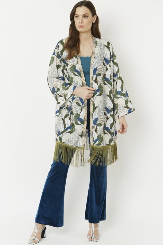 Green silk blend kimono with tassels