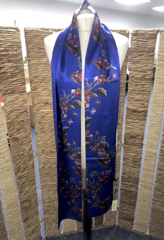 Silk blend floral long scarf royal blue