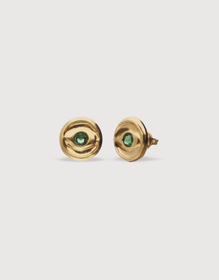 Stud gold earrings with green crystal