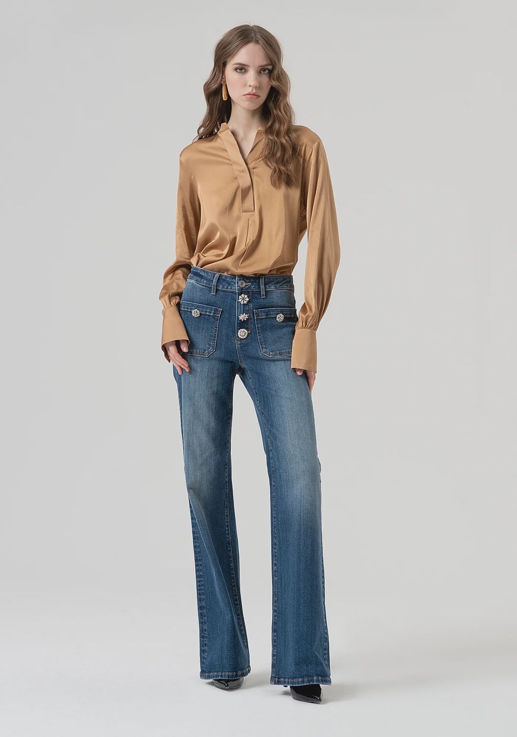 Wide leg denim trousers with crystal button detail