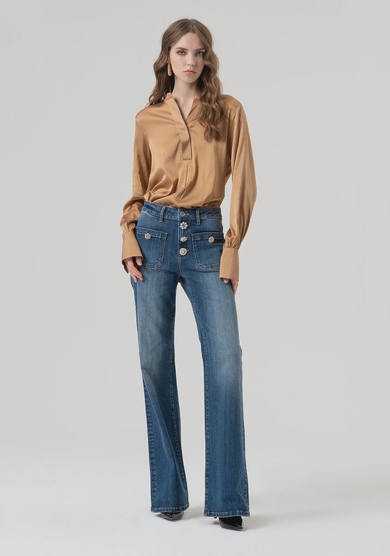 Wide leg denim trousers with crystal button detail