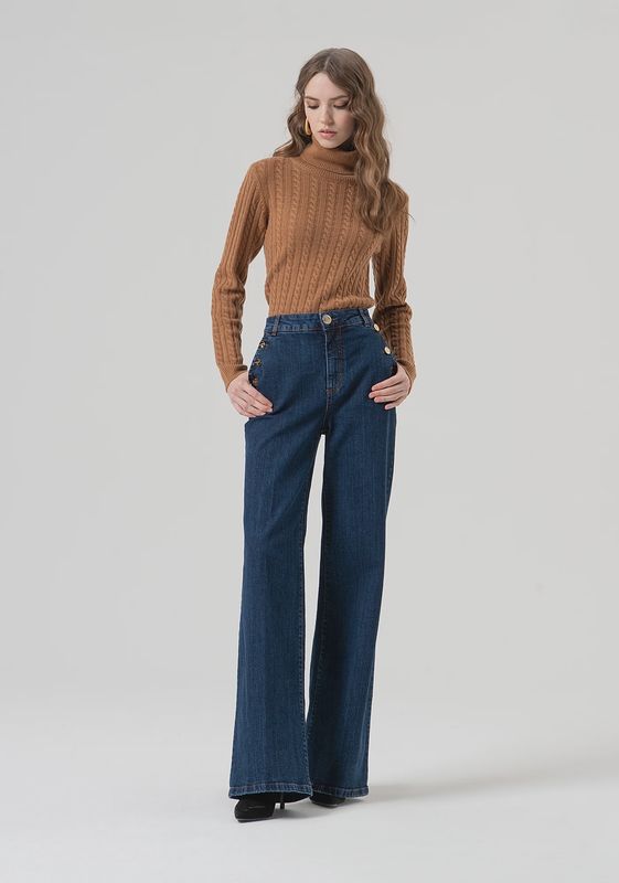 Wide leg denim trousers with gold button detail